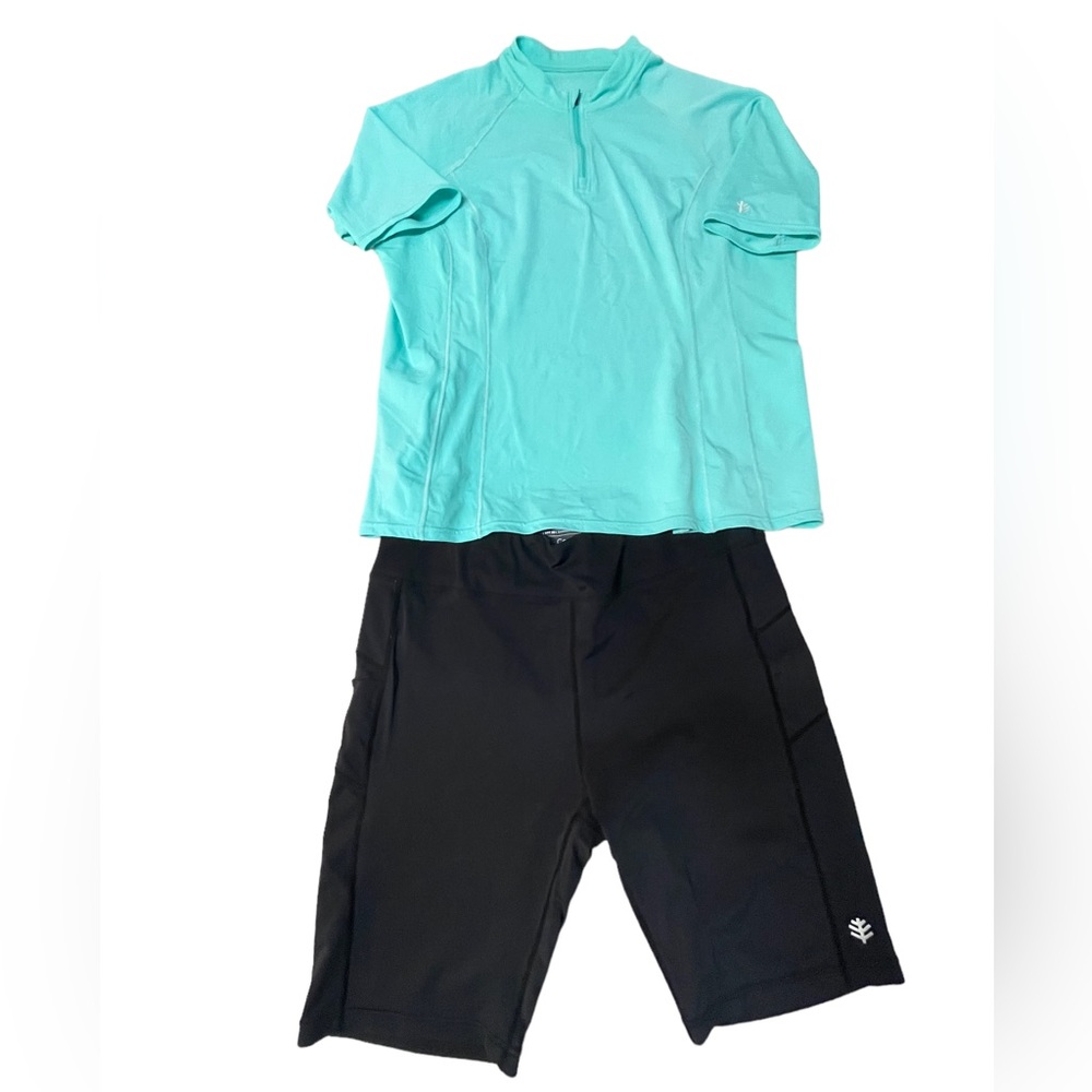 Coolibar Women’s Turquoise Shirt Short Sleeve 1/4 Zip & Biker Shorts XL UPF 50+